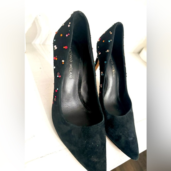 Dazzling ANTONIO MELANI "Moneka" Black Suede Heels Studded with Colorful Stones - Picture 5 of 9
